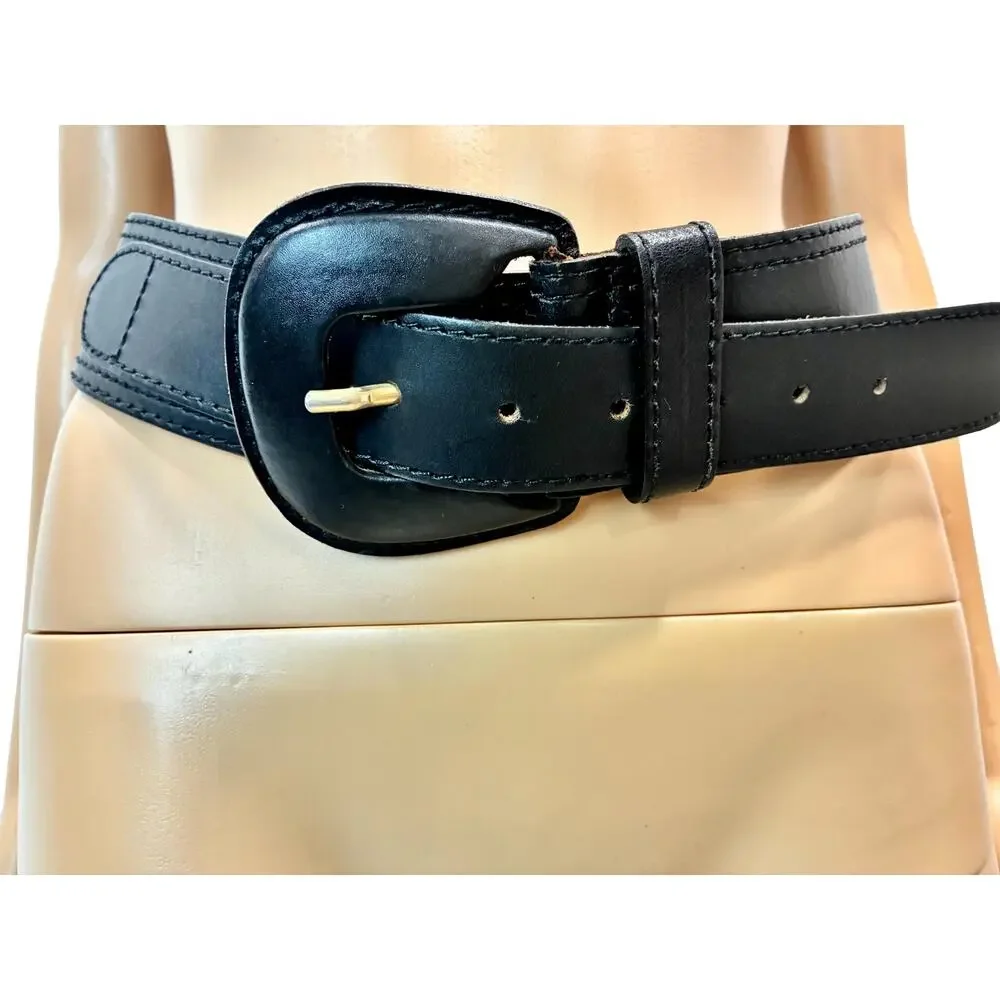 Vintage 80s The Limited Black Leather Belt Made in Italy Sz S Wide 27-33”